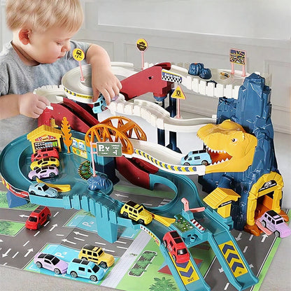Dinosaur Themed Race Track Set with Cars Tunnels and Road Signs for Kids