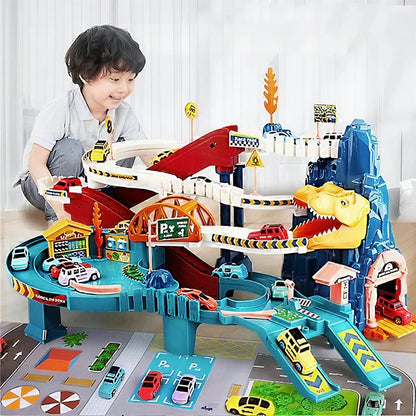 Dinosaur Themed Race Track Set with Cars Tunnels and Road Signs for Kids