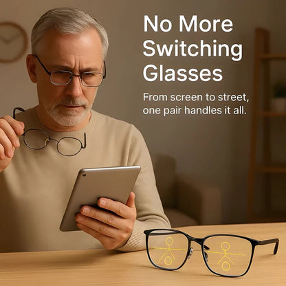 Progressive Multifocal Glasses with Photochromic Lens and Light Adjust Lens