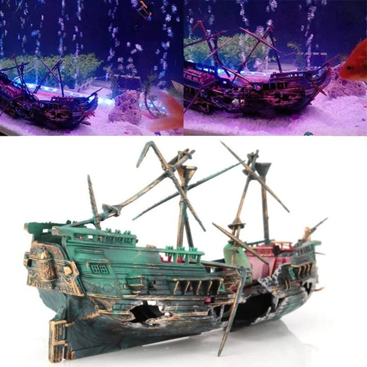 Sunken Boat Aquarium Decoration With Resin Body and Bubble Flow System
