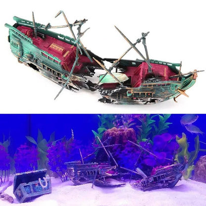 Sunken Boat Aquarium Decoration With Resin Body and Bubble Flow System