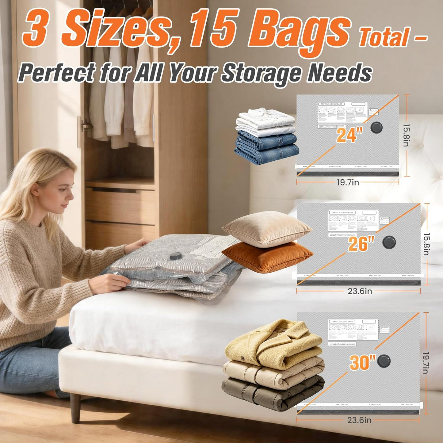 15 Pack Vacuum Storage Bags for Travel with Cordless Pump, Space Saver Bags for Clothes, Compression Packing Bags for Luggage, 15 Combo Size allveramart