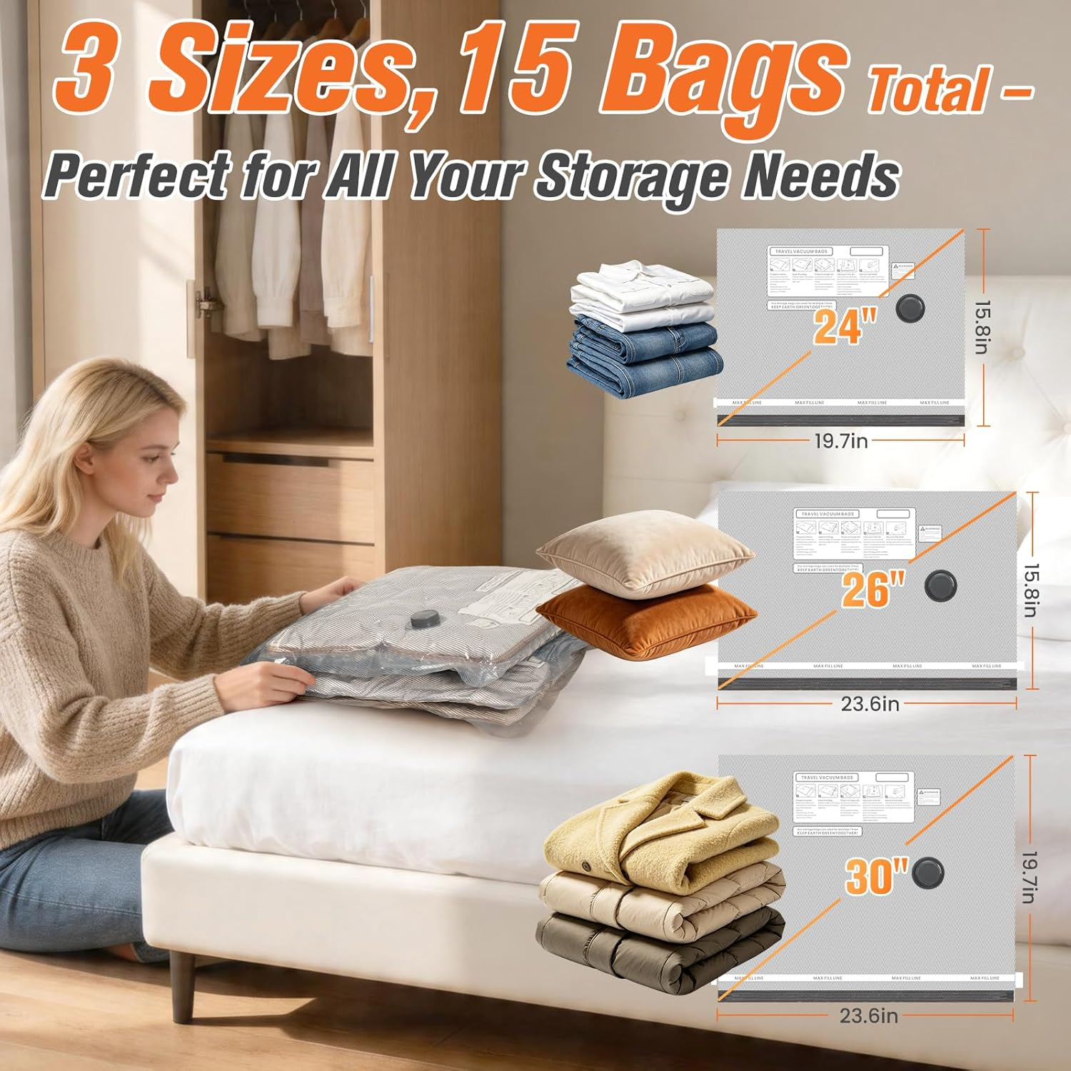 15 Pack Vacuum Storage Bags for Travel with Cordless Pump, Space Saver Bags for Clothes, Compression Packing Bags for Luggage, 15 Combo Size allveramart