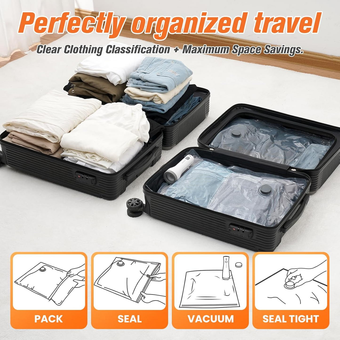 15 Pack Vacuum Storage Bags for Travel with Cordless Pump, Space Saver Bags for Clothes, Compression Packing Bags for Luggage, 15 Combo Size allveramart