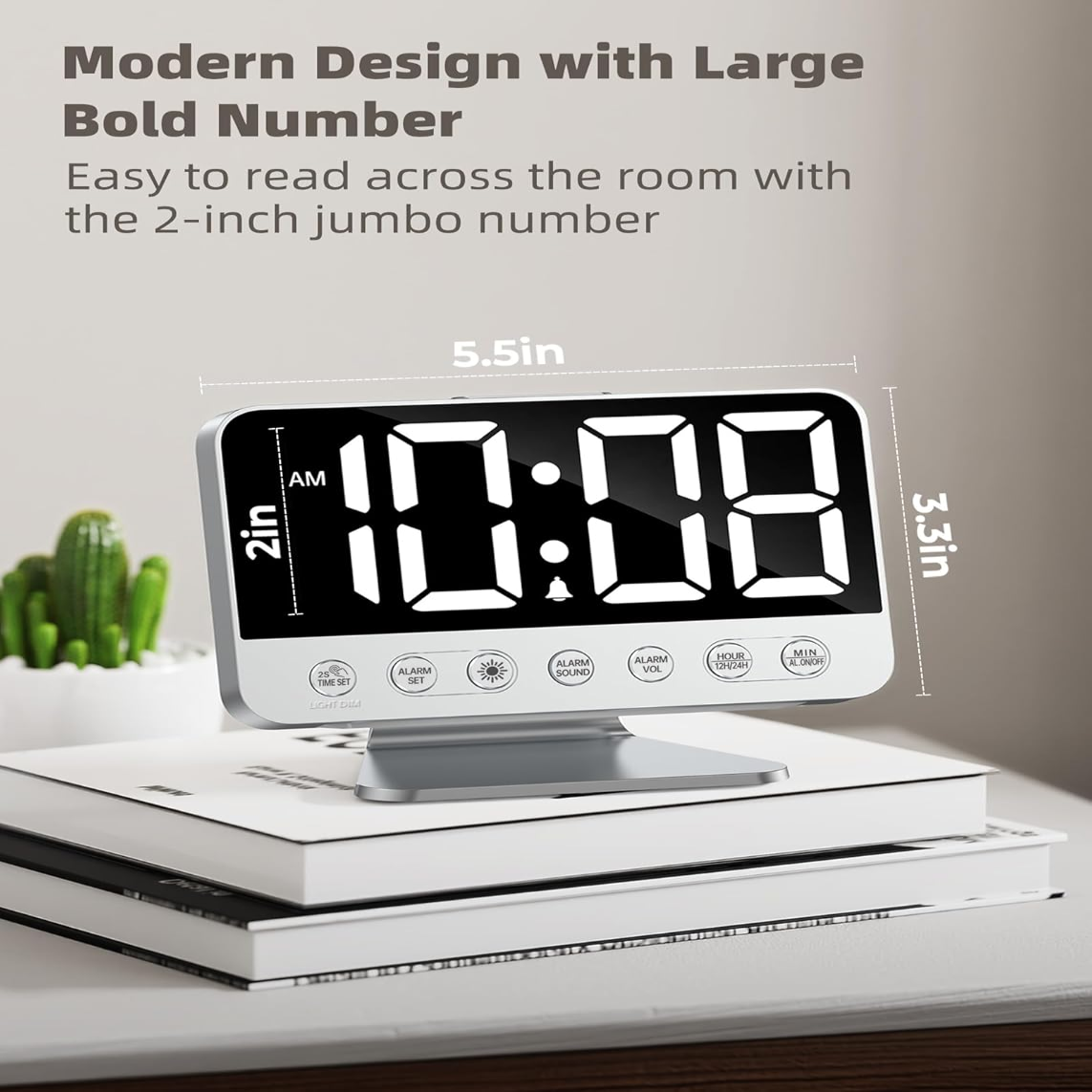 Odokee Digital Alarm Clocks for Bedrooms: Large Bold Number 5 Brightness Dimmer - Easy to Read Across The Room - 5 Alarm Sound 8 Night Light - Silver allveramart