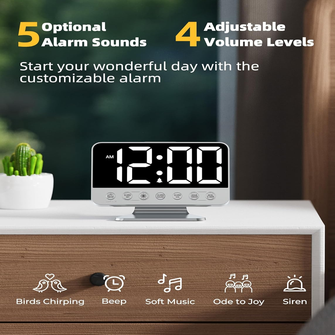 Odokee Digital Alarm Clocks for Bedrooms: Large Bold Number 5 Brightness Dimmer - Easy to Read Across The Room - 5 Alarm Sound 8 Night Light - Silver allveramart