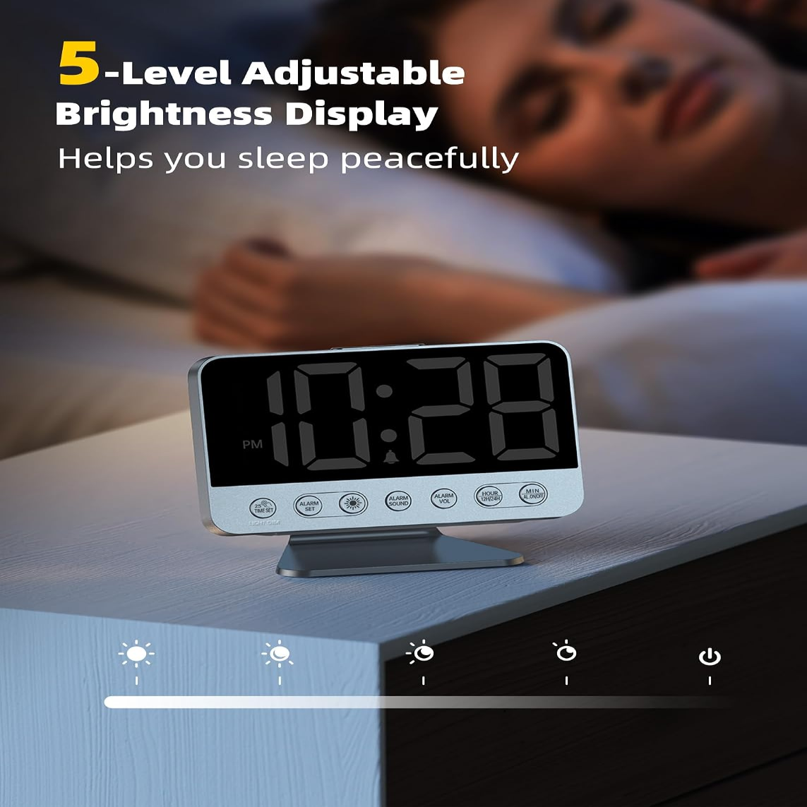Odokee Digital Alarm Clocks for Bedrooms: Large Bold Number 5 Brightness Dimmer - Easy to Read Across The Room - 5 Alarm Sound 8 Night Light - Silver allveramart