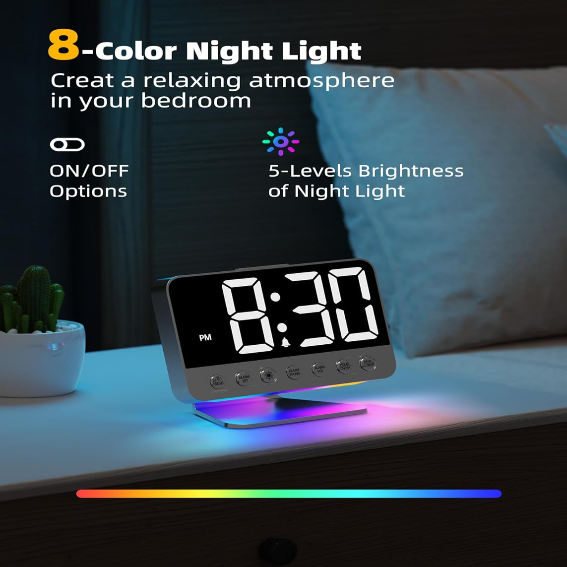 Odokee Digital Alarm Clocks for Bedrooms: Large Bold Number 5 Brightness Dimmer - Easy to Read Across The Room - 5 Alarm Sound 8 Night Light - Silver allveramart