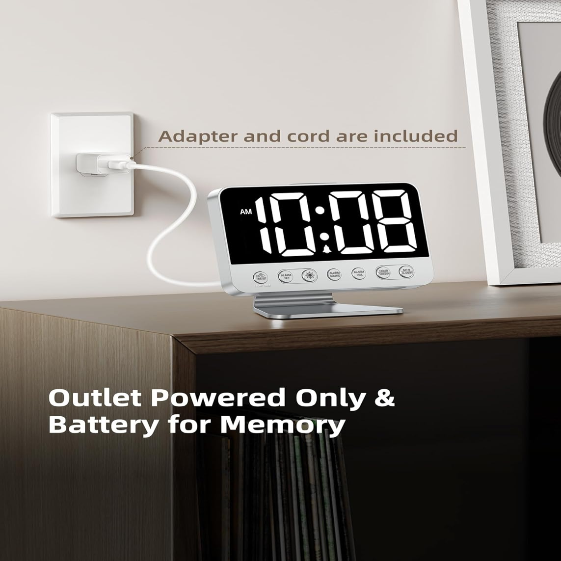 Odokee Digital Alarm Clocks for Bedrooms: Large Bold Number 5 Brightness Dimmer - Easy to Read Across The Room - 5 Alarm Sound 8 Night Light - Silver allveramart