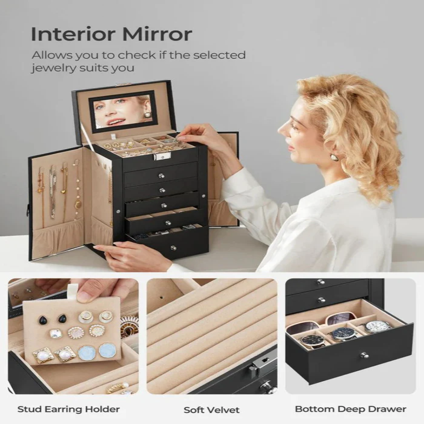 Large Jewelry Box Organizer 6 Tier With Drawers Mirror And Lock allveramart