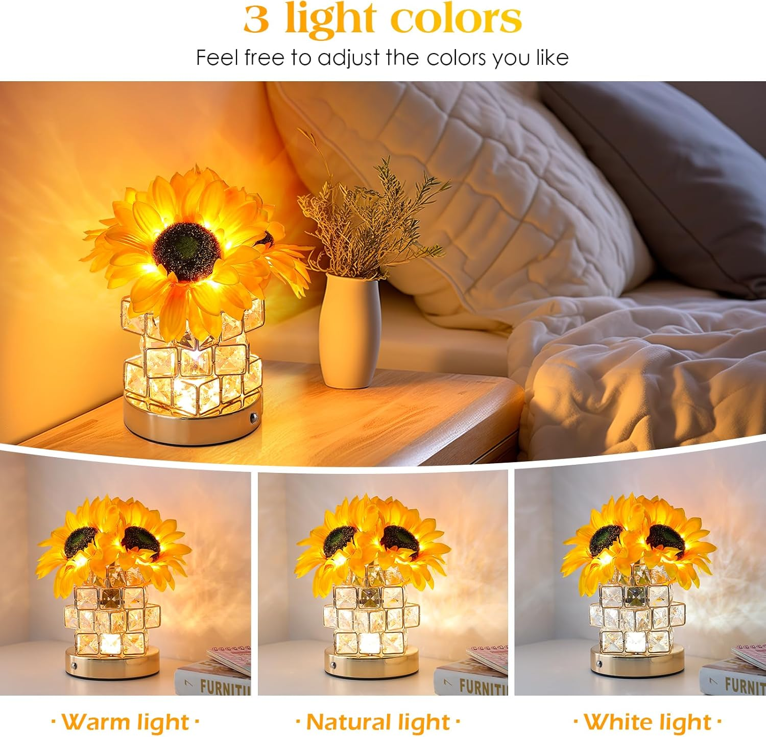AMWGIMI Sunflowers Flower Lamp,Rechargeable Cordless Touch Table Lamp,3-Colour Infinitely Dimming Small Night Light,Festival Restaurant Bedroom Bar Coffee Shop Birthday Gifts for Women Mom allveramart