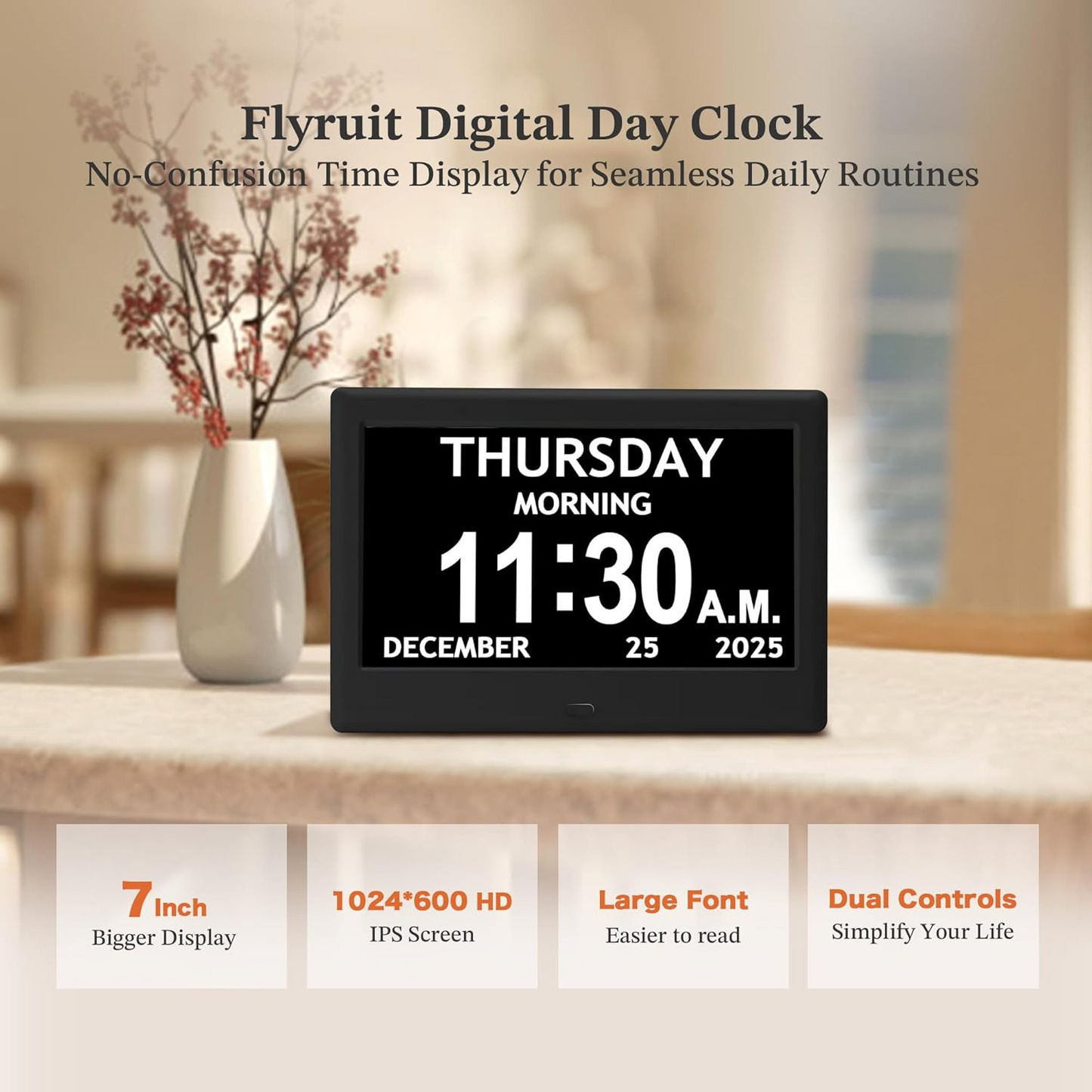 7'' Dementia Clock For Seniors, Large Display Digital Clock With Date, Time, Day Of Week for Elderly, Memory Loss, Alzheimer, 1024*600P HD, 10 Reminders & 6 Alarms, Auto Dimming & DST, Remote Control allveramart
