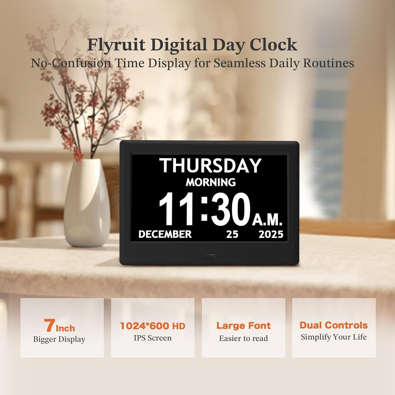 7'' Dementia Clock For Seniors, Large Display Digital Clock With Date, Time, Day Of Week for Elderly, Memory Loss, Alzheimer, 1024*600P HD, 10 Reminders & 6 Alarms, Auto Dimming & DST, Remote Control allveramart