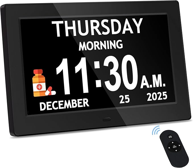 7'' Dementia Clock For Seniors, Large Display Digital Clock With Date, Time, Day Of Week for Elderly, Memory Loss, Alzheimer, 1024*600P HD, 10 Reminders & 6 Alarms, Auto Dimming & DST, Remote Control allveramart