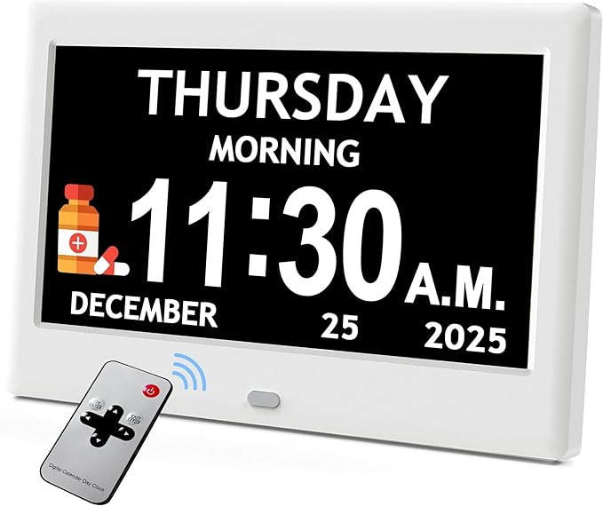 7'' Dementia Clock For Seniors, Large Display Digital Clock With Date, Time, Day Of Week for Elderly, Memory Loss, Alzheimer, 1024*600P HD, 10 Reminders & 6 Alarms, Auto Dimming & DST, Remote Control allveramart