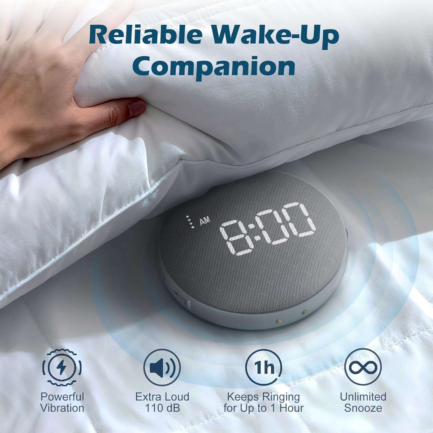 REACHER Super Loud Vibrating Alarm Clock for Heavy Sleepers Adults & Teens, Cordless Under-Pillow Bed Shaker Alarm, Rechargeable Battery Powered Travel Clock, Auto-Dim Display allveramart