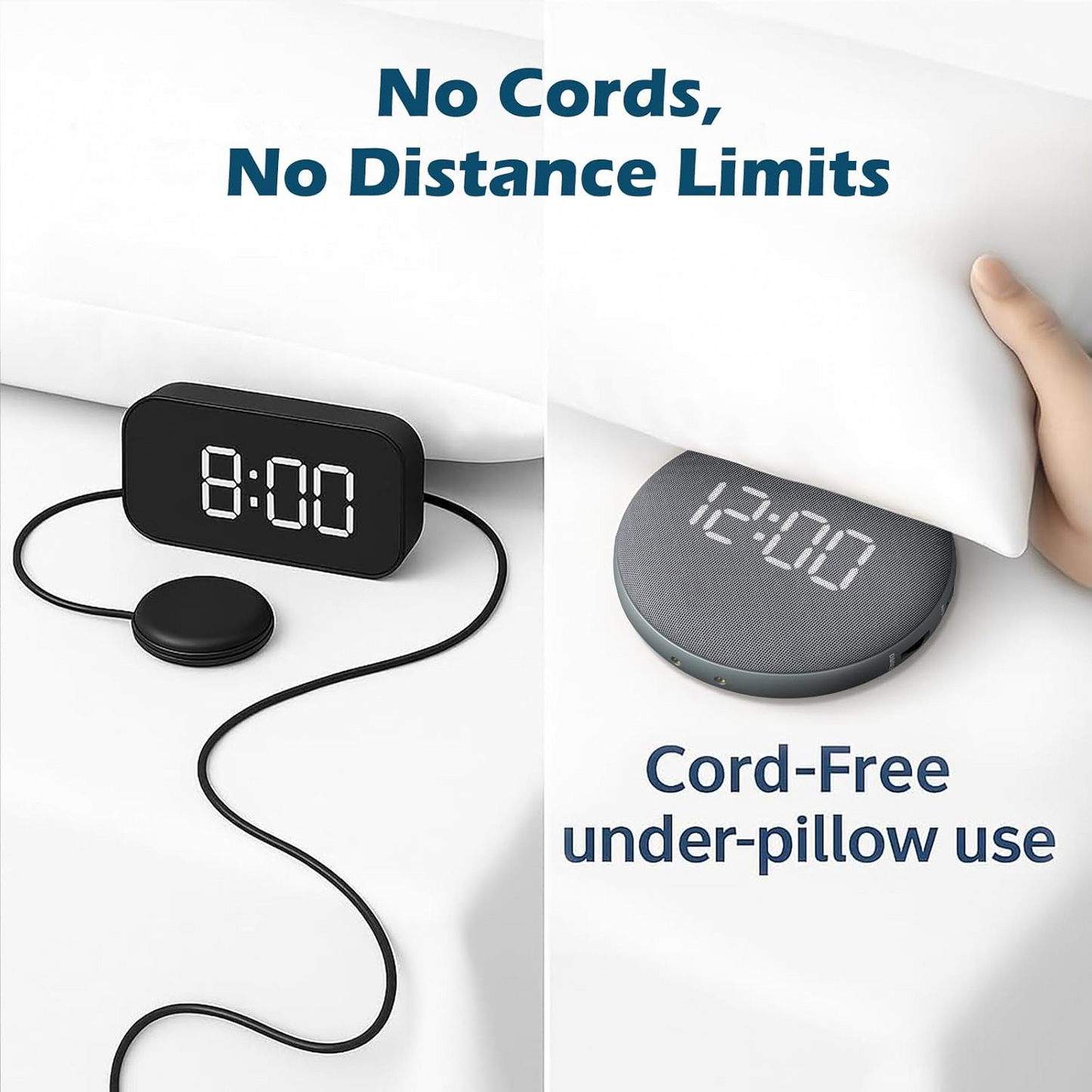 REACHER Super Loud Vibrating Alarm Clock for Heavy Sleepers Adults & Teens, Cordless Under-Pillow Bed Shaker Alarm, Rechargeable Battery Powered Travel Clock, Auto-Dim Display allveramart