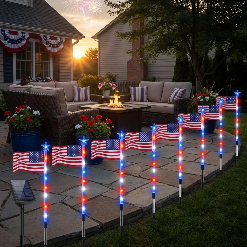 8-Piece Flag Light Set – 4th of July Decorations with 8 Lighting Modes – Ideal for Independence Day Pathways, Gardens, and Yard Decor allveramart