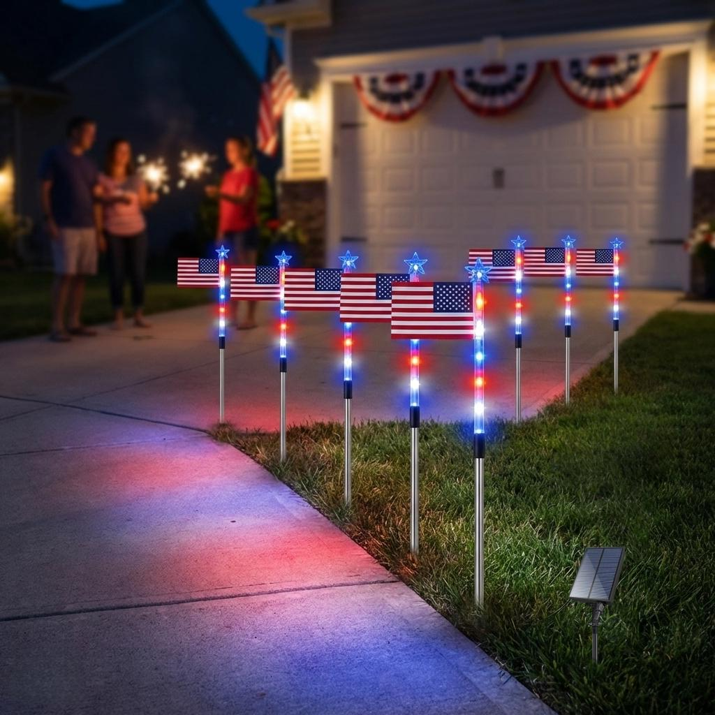 8-Piece Flag Light Set – 4th of July Decorations with 8 Lighting Modes – Ideal for Independence Day Pathways, Gardens, and Yard Decor allveramart