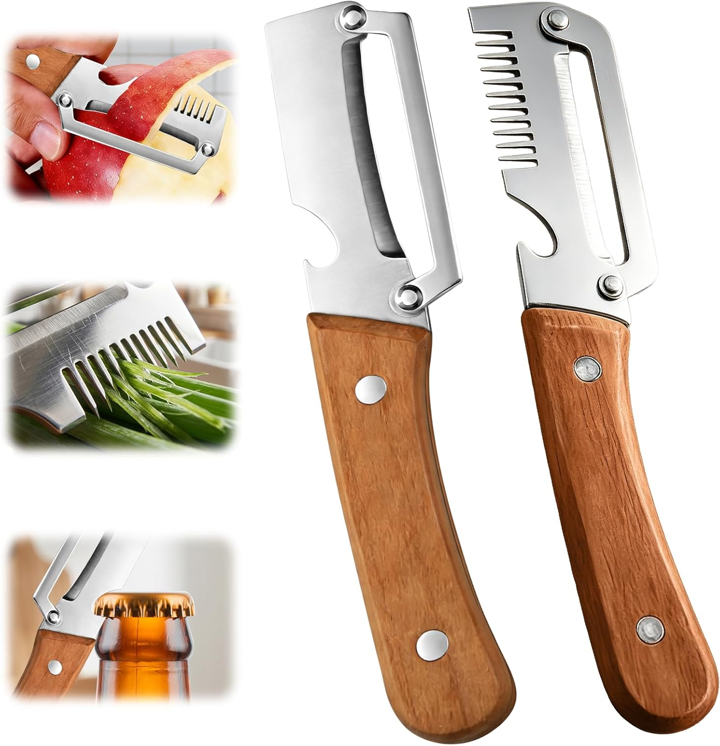 2026 Upgrade Vegetable Peeler With Wooden Handle, Stainless Steel Wide Blade Potato and Carrot Peeler, 3-in-1 Veggie Peeler With Scallion Shredder and Bottle Opener for Kitchen, Camping and Trave allveramart