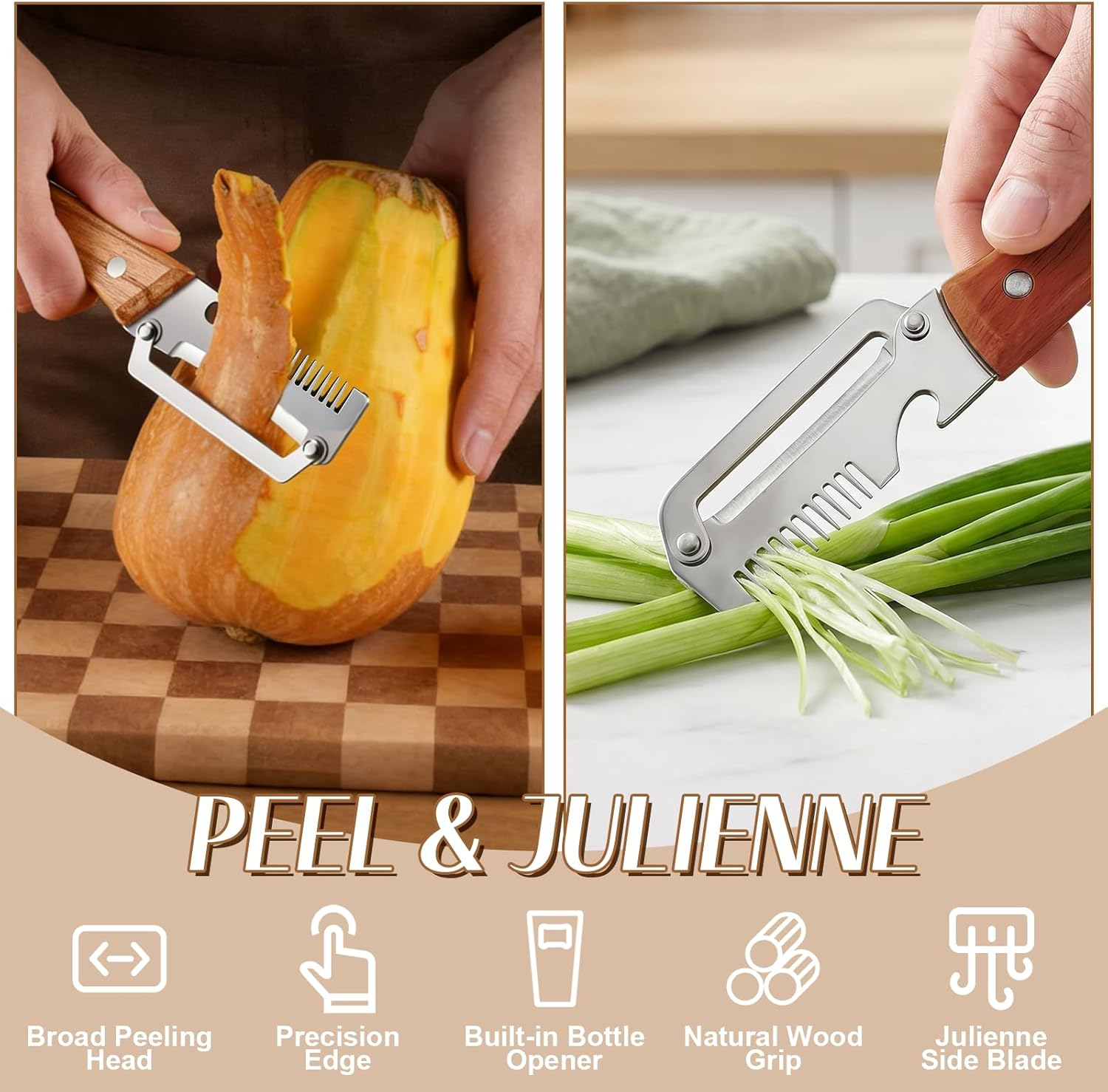 2026 Upgrade Vegetable Peeler With Wooden Handle, Stainless Steel Wide Blade Potato and Carrot Peeler, 3-in-1 Veggie Peeler With Scallion Shredder and Bottle Opener for Kitchen, Camping and Trave allveramart