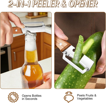 2026 Upgrade Vegetable Peeler With Wooden Handle, Stainless Steel Wide Blade Potato and Carrot Peeler, 3-in-1 Veggie Peeler With Scallion Shredder and Bottle Opener for Kitchen, Camping and Trave allveramart