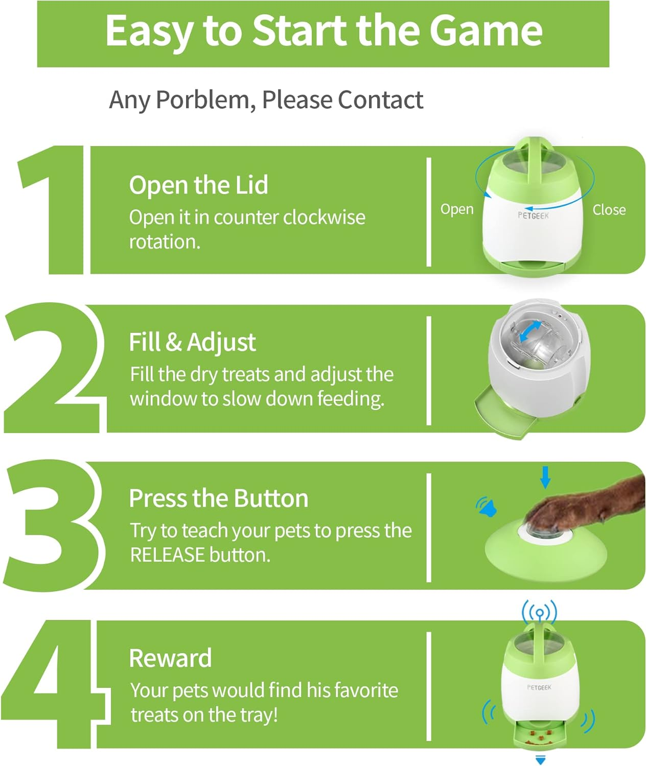 PETGEEK Dog Treat Dispenser with Button, Automatic Dog Feeder with Remote Control and Dual Power Supply, Dogs Puzzle Toys and Interactive Pet Stimulation Toys for Indoor or Outdoor Play(Green) allveramart