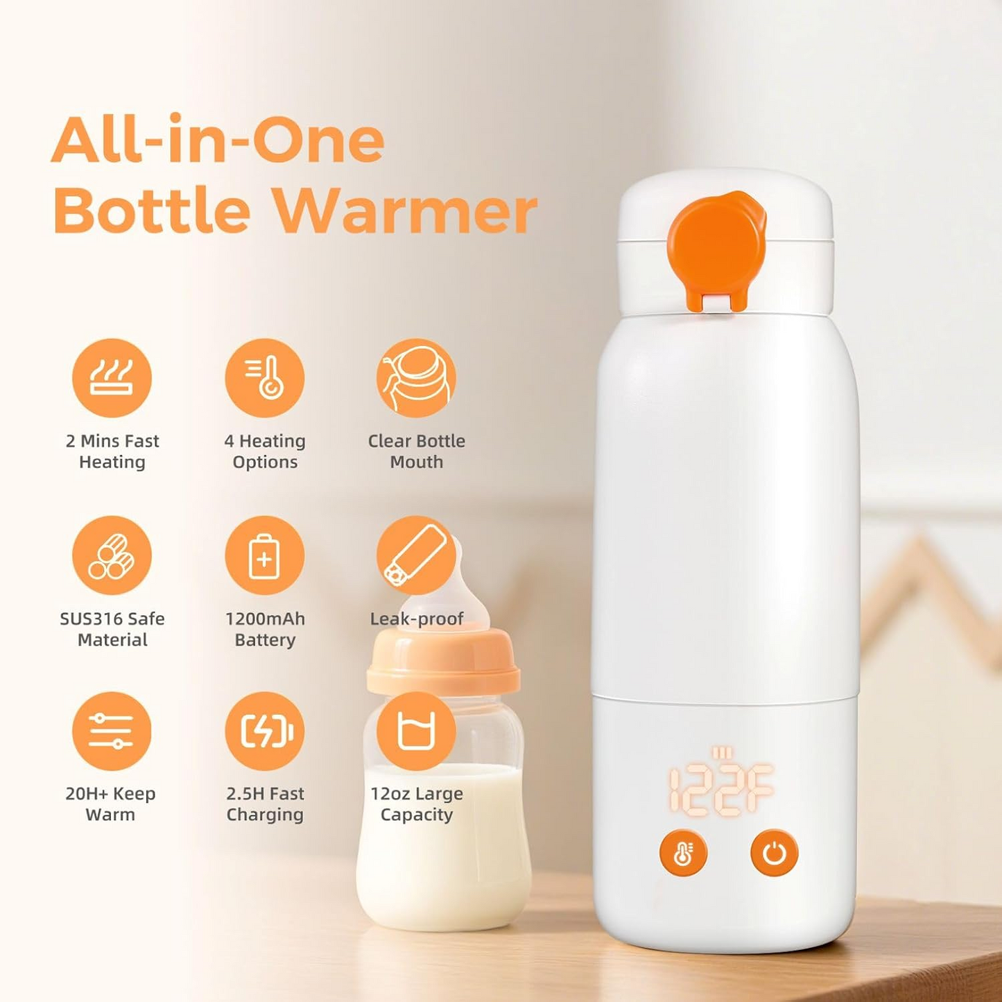 Portable Bottle Warmer for Travel, 12oz Large Capacity Fast Heating, 4 Levels Precise Temperature Control, Long Battery Life, Rechargeable Formula Water Milk Warmer for Car, Airplane & Outdoor Use allveramart