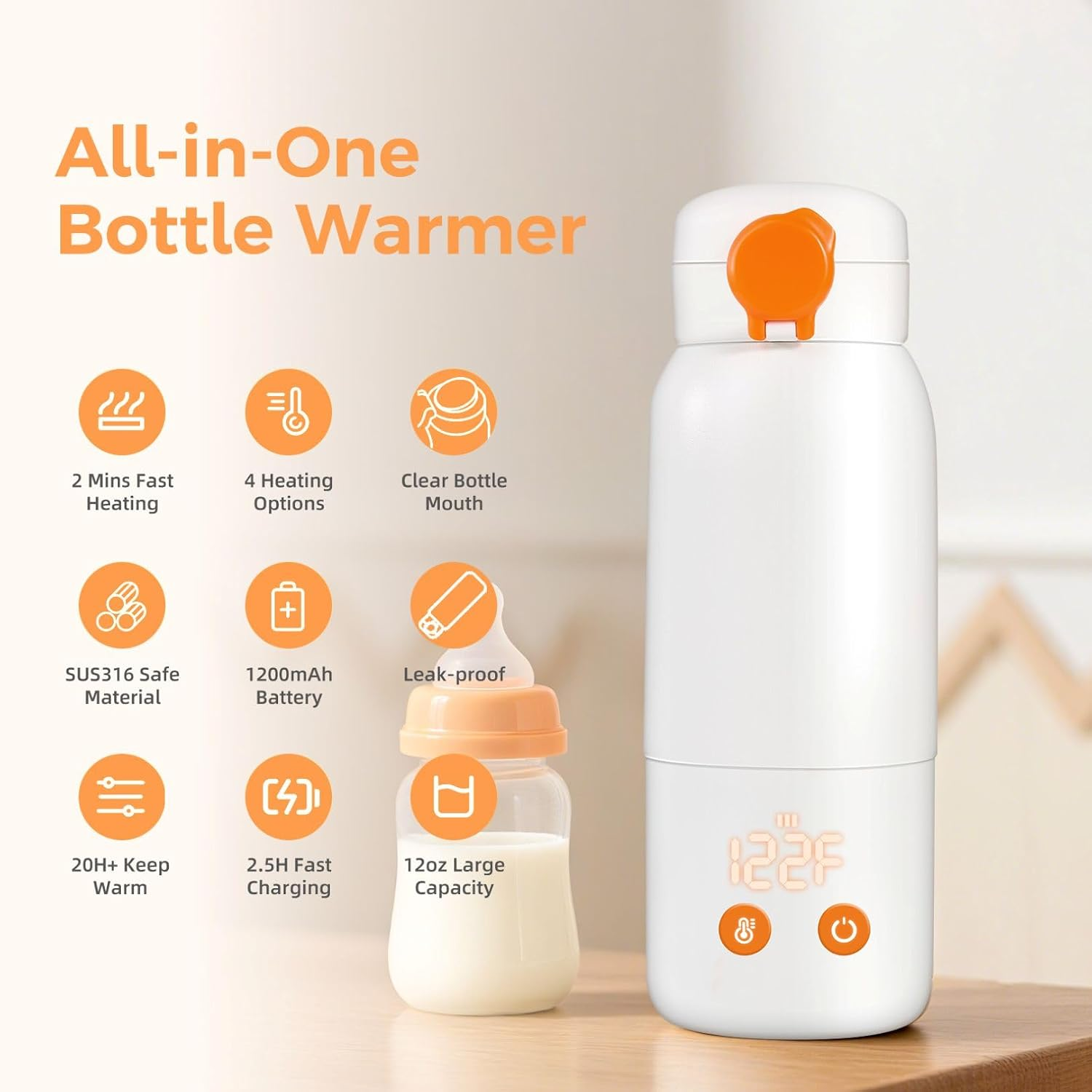Portable Bottle Warmer for Travel, 12oz Large Capacity Fast Heating, 4 Levels Precise Temperature Control, Long Battery Life, Rechargeable Formula Water Milk Warmer for Car, Airplane & Outdoor Use allveramart