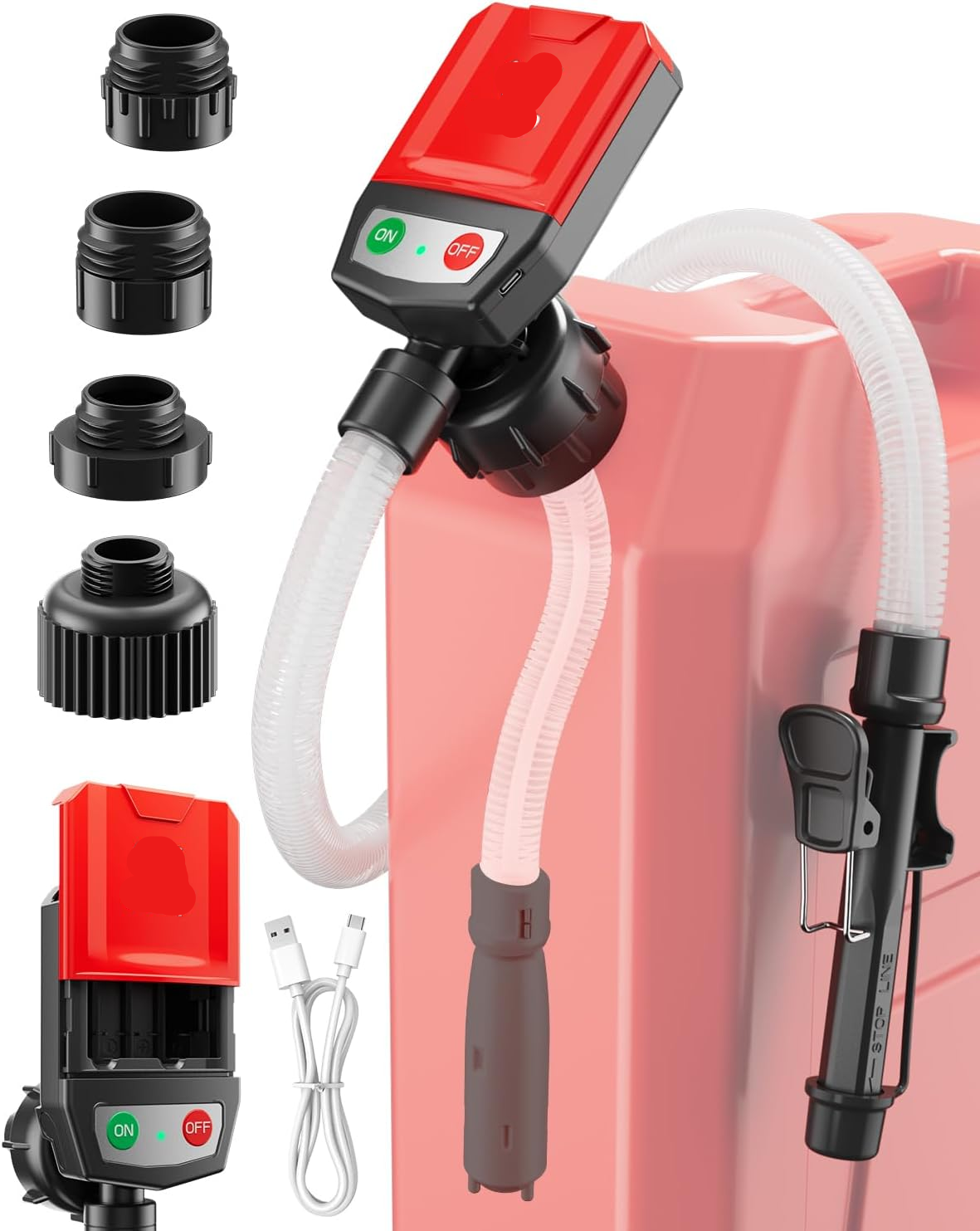 Automatic Electric Fuel Transfer Pump with Auto-Stop, 3.8GPM & 51" Hose & 4 Size Adapters Gas Can Pump with Leak Protection for Gasoline, Diesel, Kerosene, Gifts for Men Dad Him - 2nd Gen Red Black allveramart