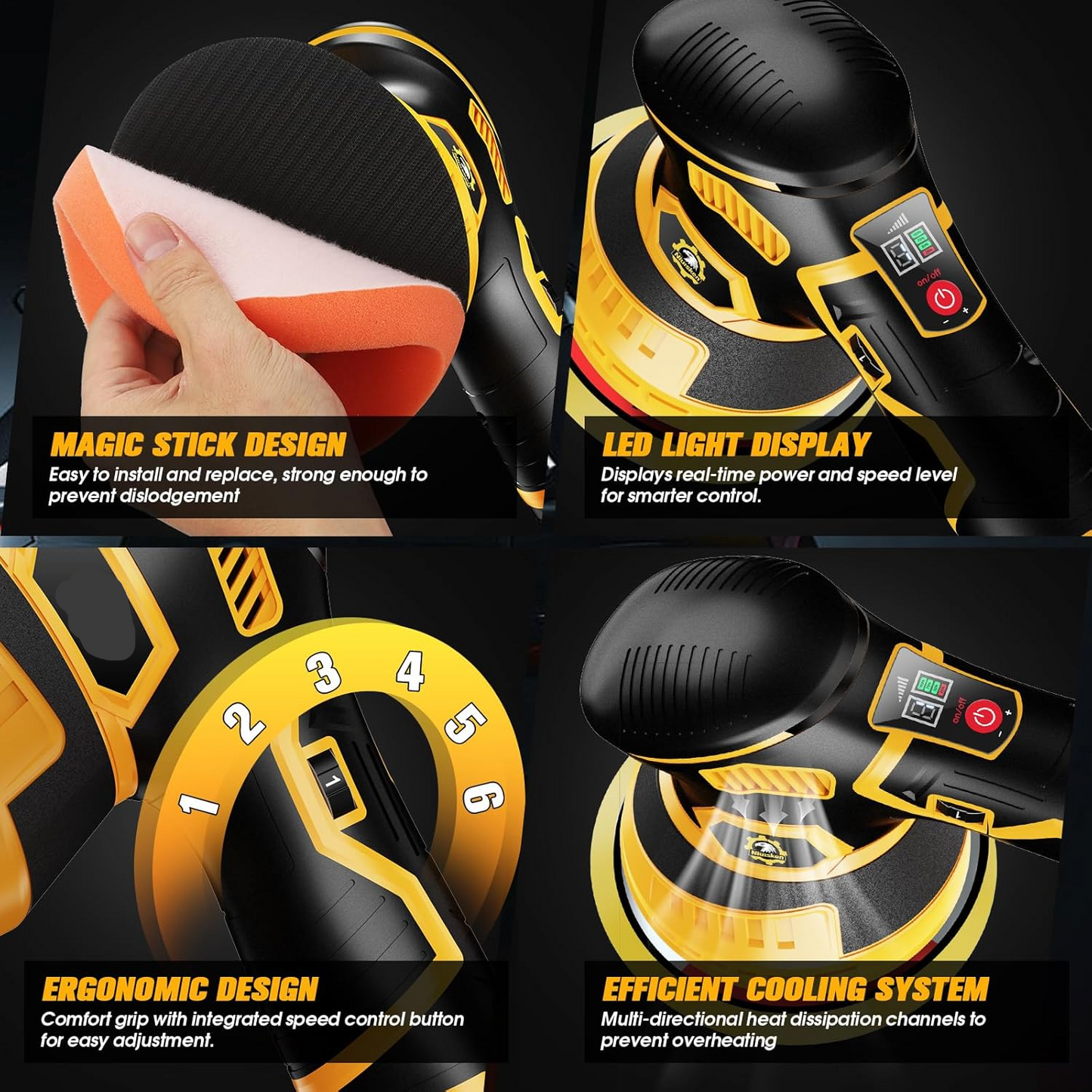 Cordless Car Buffer Polisher kit [2x 2000mAh 21V Batteries & 18 PCS Attachments] 6-Speed Orbital Design, LED Display, Lightweight Detailing Tool for Waxing, Polishing & Scratch Removal-Yellow allveramart