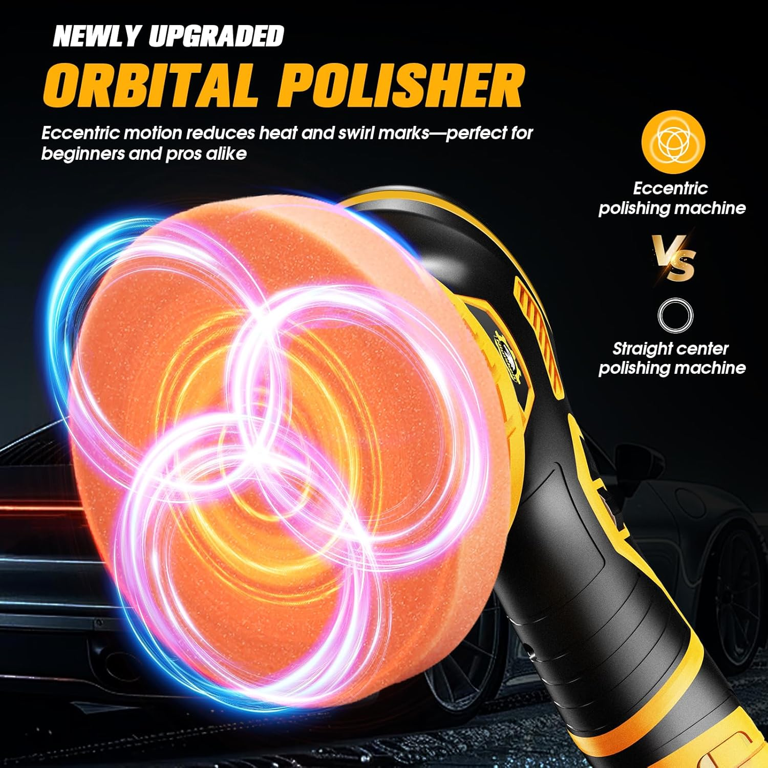 Cordless Car Buffer Polisher kit [2x 2000mAh 21V Batteries & 18 PCS Attachments] 6-Speed Orbital Design, LED Display, Lightweight Detailing Tool for Waxing, Polishing & Scratch Removal-Yellow allveramart