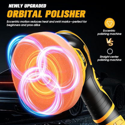 Cordless Car Buffer Polisher kit [2x 2000mAh 21V Batteries & 18 PCS Attachments] 6-Speed Orbital Design, LED Display, Lightweight Detailing Tool for Waxing, Polishing & Scratch Removal-Yellow allveramart
