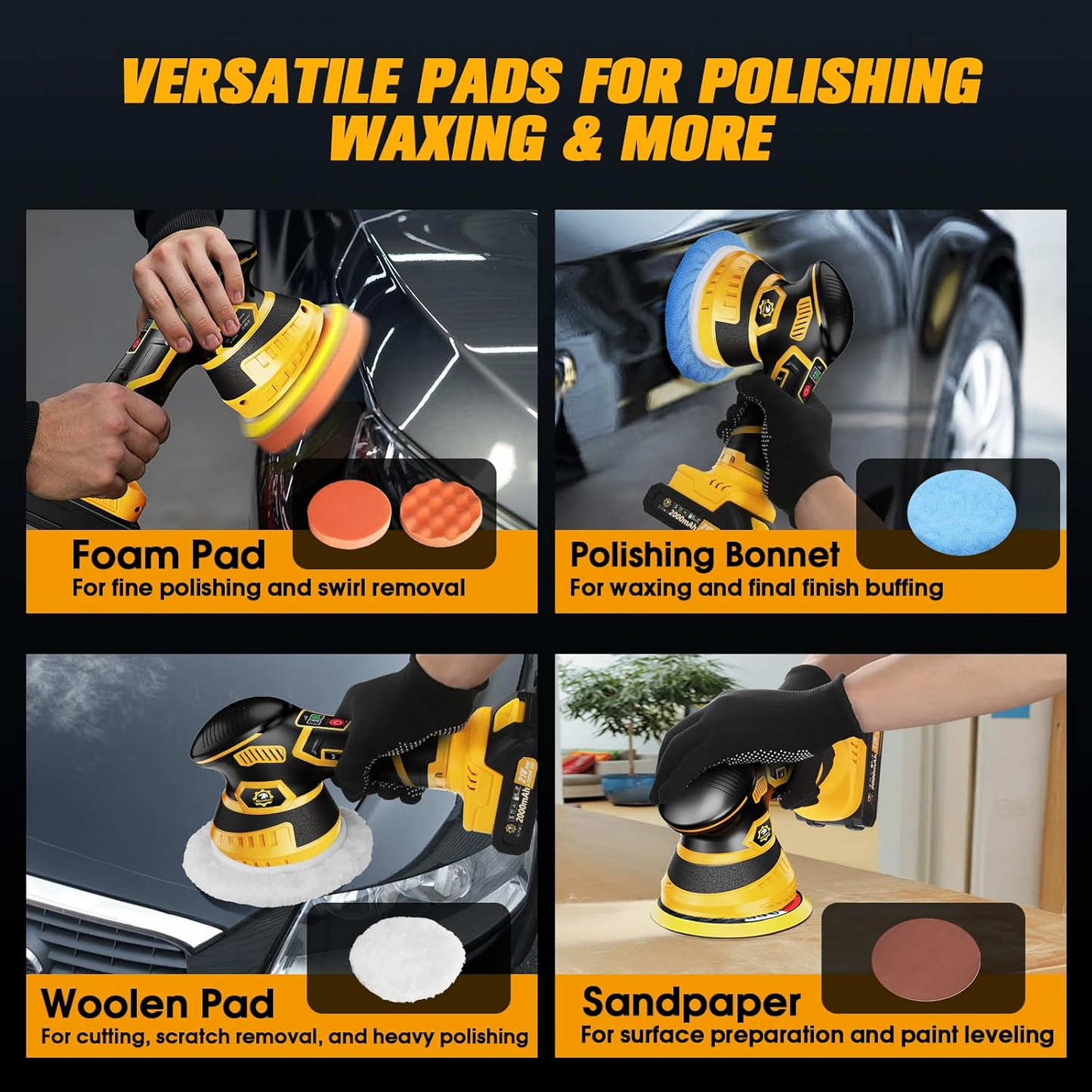 Cordless Car Buffer Polisher kit [2x 2000mAh 21V Batteries & 18 PCS Attachments] 6-Speed Orbital Design, LED Display, Lightweight Detailing Tool for Waxing, Polishing & Scratch Removal-Yellow allveramart