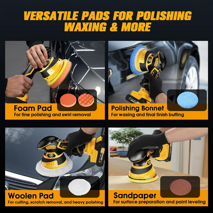 Cordless Car Buffer Polisher kit [2x 2000mAh 21V Batteries & 18 PCS Attachments] 6-Speed Orbital Design, LED Display, Lightweight Detailing Tool for Waxing, Polishing & Scratch Removal-Yellow allveramart