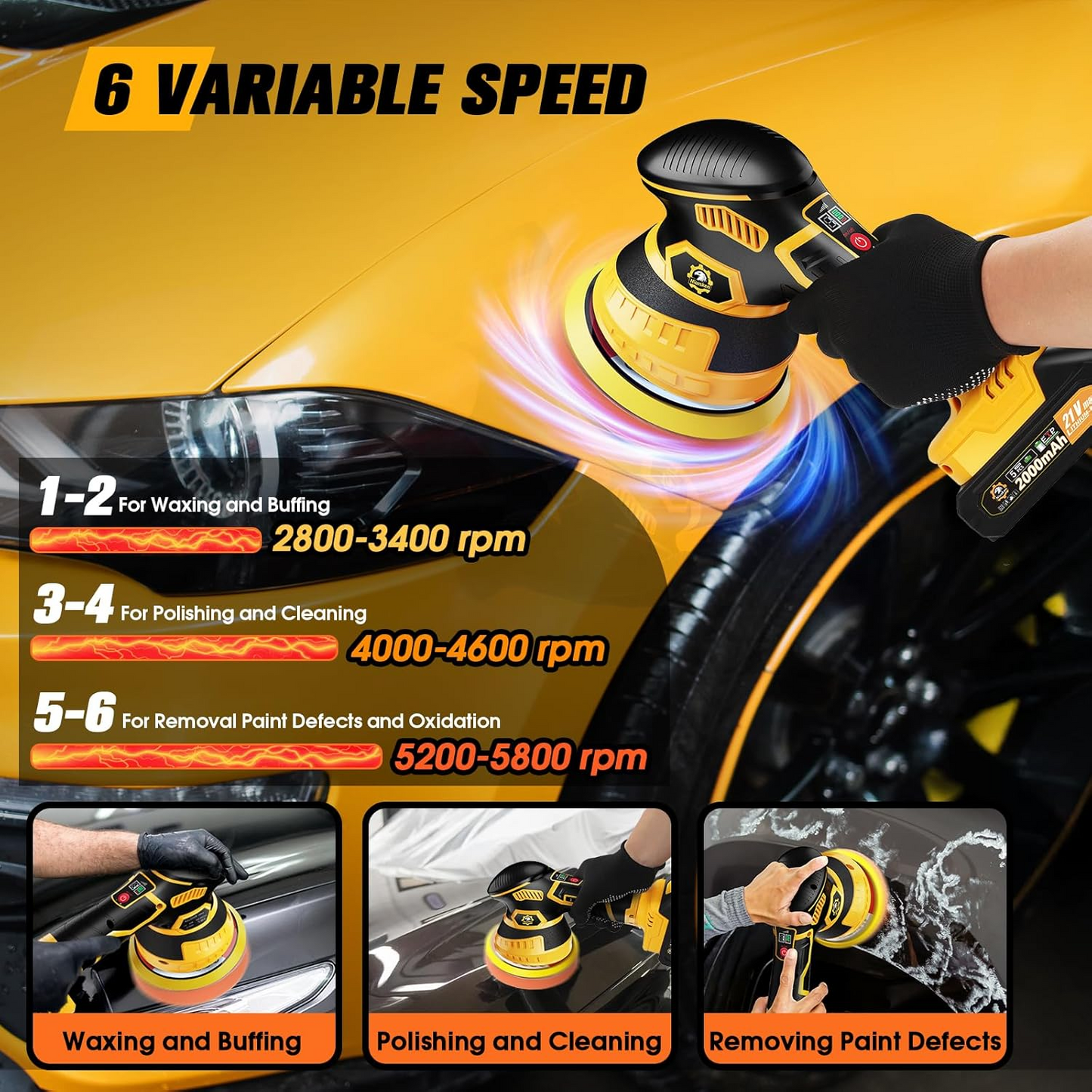 Cordless Car Buffer Polisher kit [2x 2000mAh 21V Batteries & 18 PCS Attachments] 6-Speed Orbital Design, LED Display, Lightweight Detailing Tool for Waxing, Polishing & Scratch Removal-Yellow allveramart