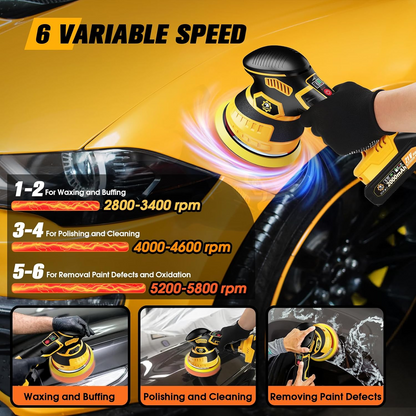 Cordless Car Buffer Polisher kit [2x 2000mAh 21V Batteries & 18 PCS Attachments] 6-Speed Orbital Design, LED Display, Lightweight Detailing Tool for Waxing, Polishing & Scratch Removal-Yellow allveramart