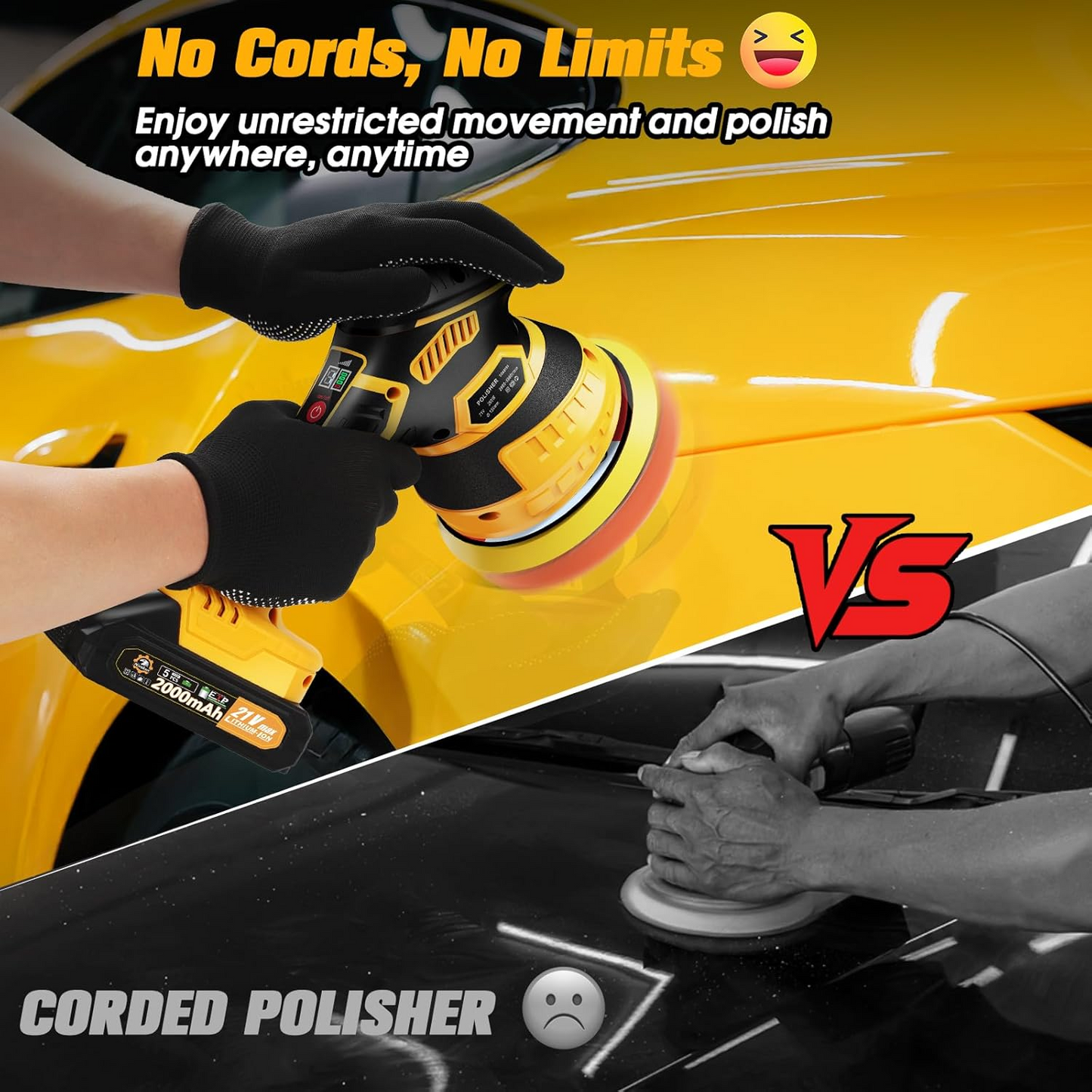 Cordless Car Buffer Polisher kit [2x 2000mAh 21V Batteries & 18 PCS Attachments] 6-Speed Orbital Design, LED Display, Lightweight Detailing Tool for Waxing, Polishing & Scratch Removal-Yellow allveramart