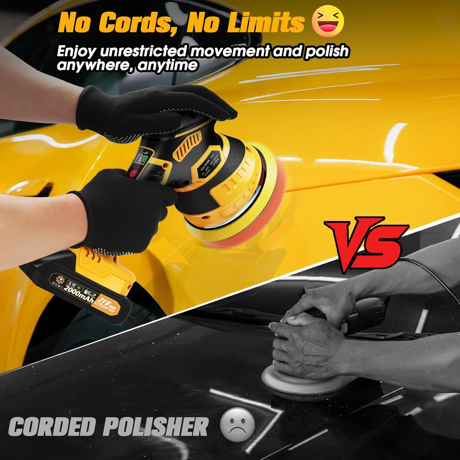 Cordless Car Buffer Polisher kit [2x 2000mAh 21V Batteries & 18 PCS Attachments] 6-Speed Orbital Design, LED Display, Lightweight Detailing Tool for Waxing, Polishing & Scratch Removal-Yellow allveramart