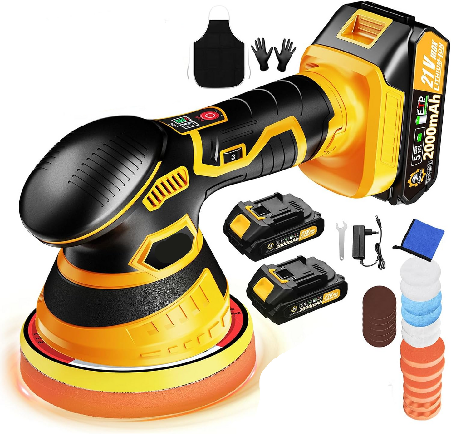 Cordless Car Buffer Polisher kit [2x 2000mAh 21V Batteries & 18 PCS Attachments] 6-Speed Orbital Design, LED Display, Lightweight Detailing Tool for Waxing, Polishing & Scratch Removal-Yellow allveramart