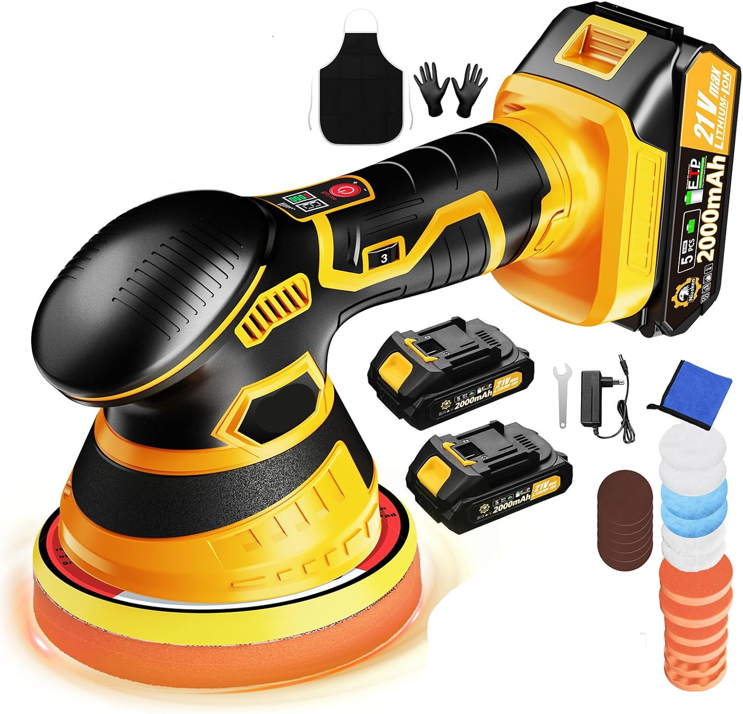 Cordless Car Buffer Polisher kit [2x 2000mAh 21V Batteries & 18 PCS Attachments] 6-Speed Orbital Design, LED Display, Lightweight Detailing Tool for Waxing, Polishing & Scratch Removal-Yellow allveramart