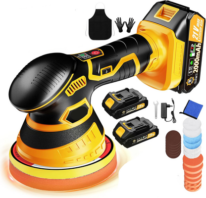 Cordless Car Buffer Polisher kit [2x 2000mAh 21V Batteries & 18 PCS Attachments] 6-Speed Orbital Design, LED Display, Lightweight Detailing Tool for Waxing, Polishing & Scratch Removal-Yellow allveramart
