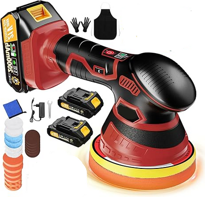 Cordless Car Buffer Polisher kit [2x 2000mAh 21V Batteries & 18 PCS Attachments] 6-Speed Orbital Design, LED Display, Lightweight Detailing Tool for Waxing, Polishing & Scratch Removal-Yellow allveramart