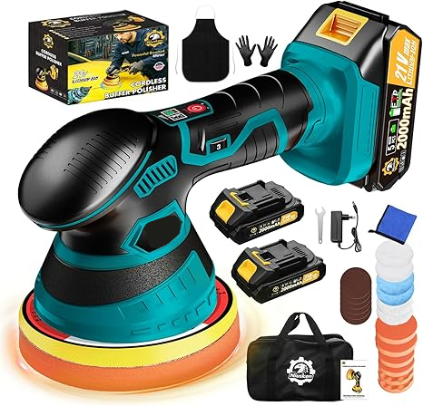 Cordless Car Buffer Polisher kit [2x 2000mAh 21V Batteries & 18 PCS Attachments] 6-Speed Orbital Design, LED Display, Lightweight Detailing Tool for Waxing, Polishing & Scratch Removal-Yellow allveramart