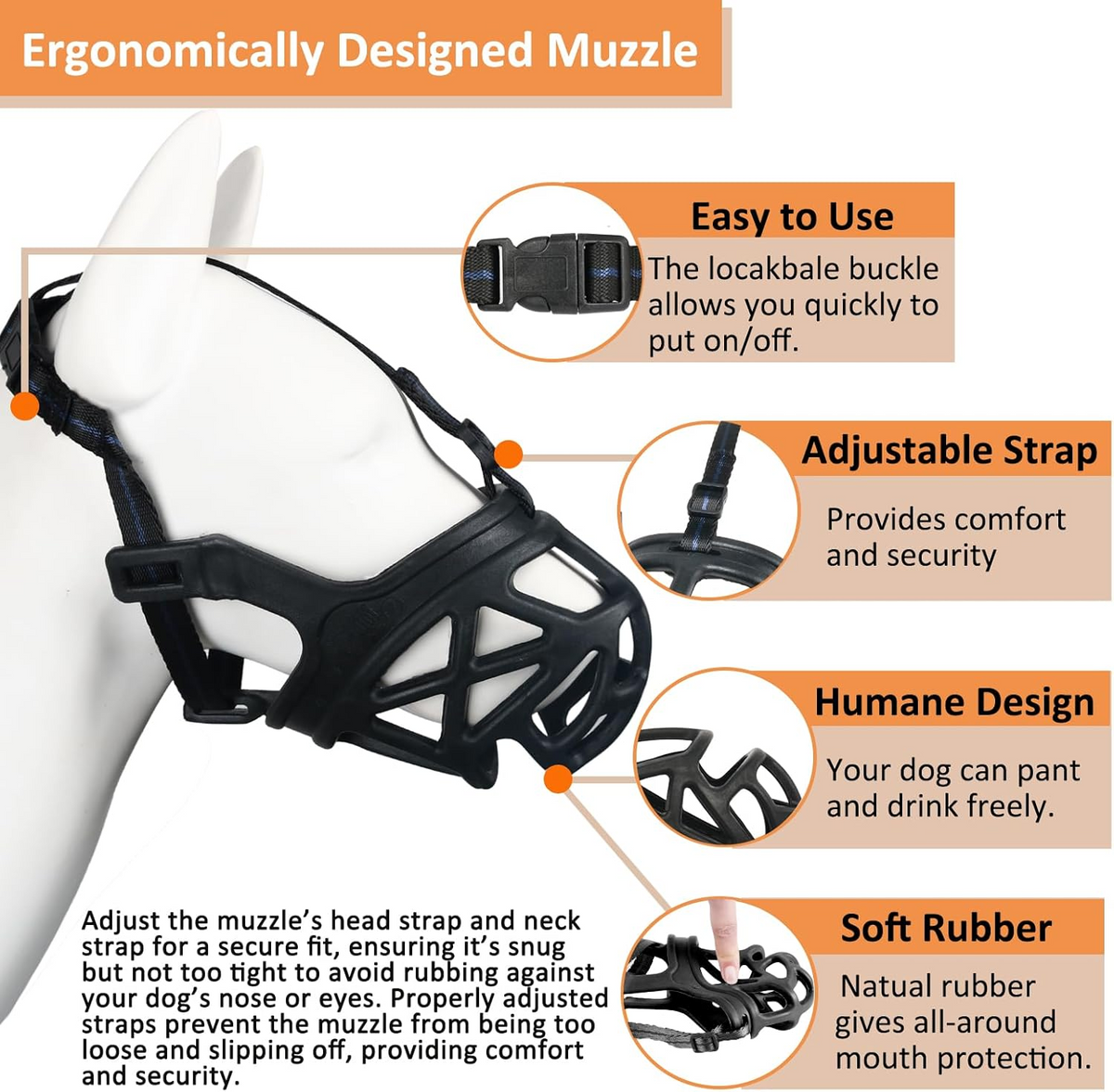 Basket Dog Muzzle with Adjustable Straps and Training Guide for Walks and Vet Visits