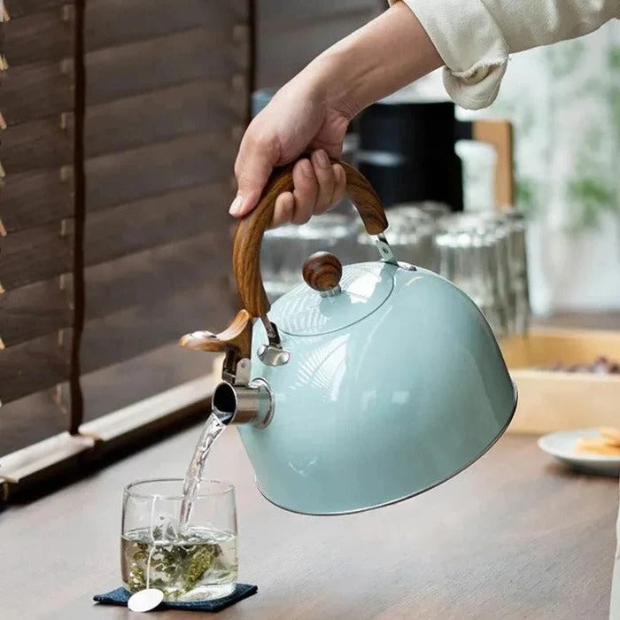 Whistling Stovetop Kettle for Induction, Gas and Radiant Cooktops with an Insulated Handle in Three Colors