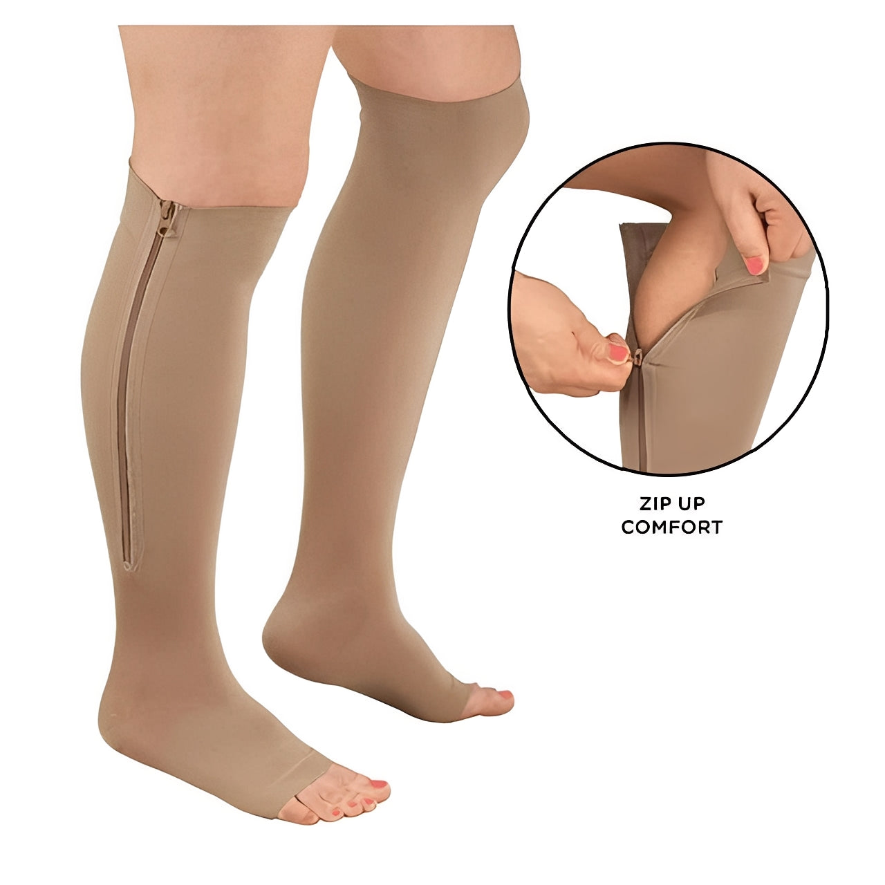 Open Toe Zip Stockings with Fabric Guard and Reinforced Seams