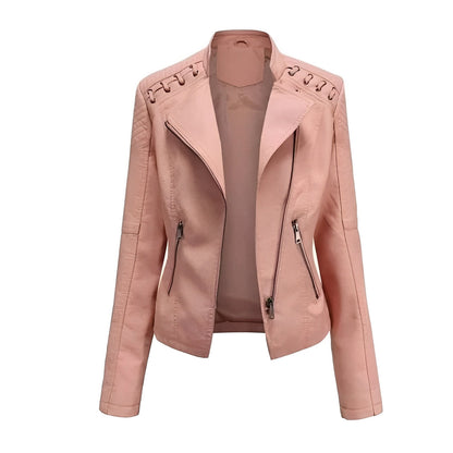 Womens Leather Jacket with Front Zipper