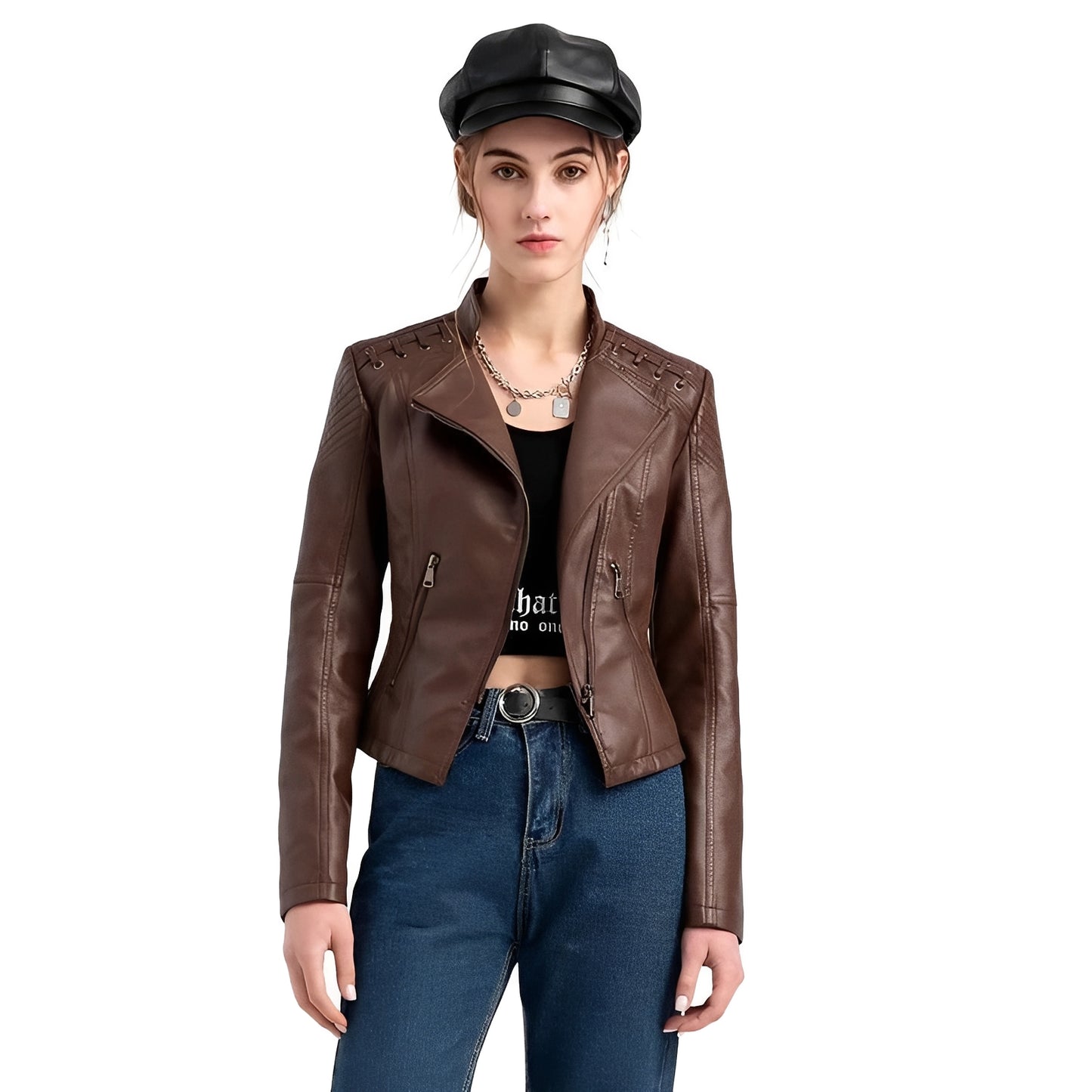 Womens Leather Jacket with Front Zipper