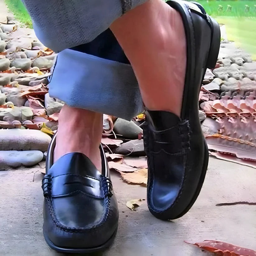 PU Leather Womens Slip On Loafers with Vintage Style Low Heel